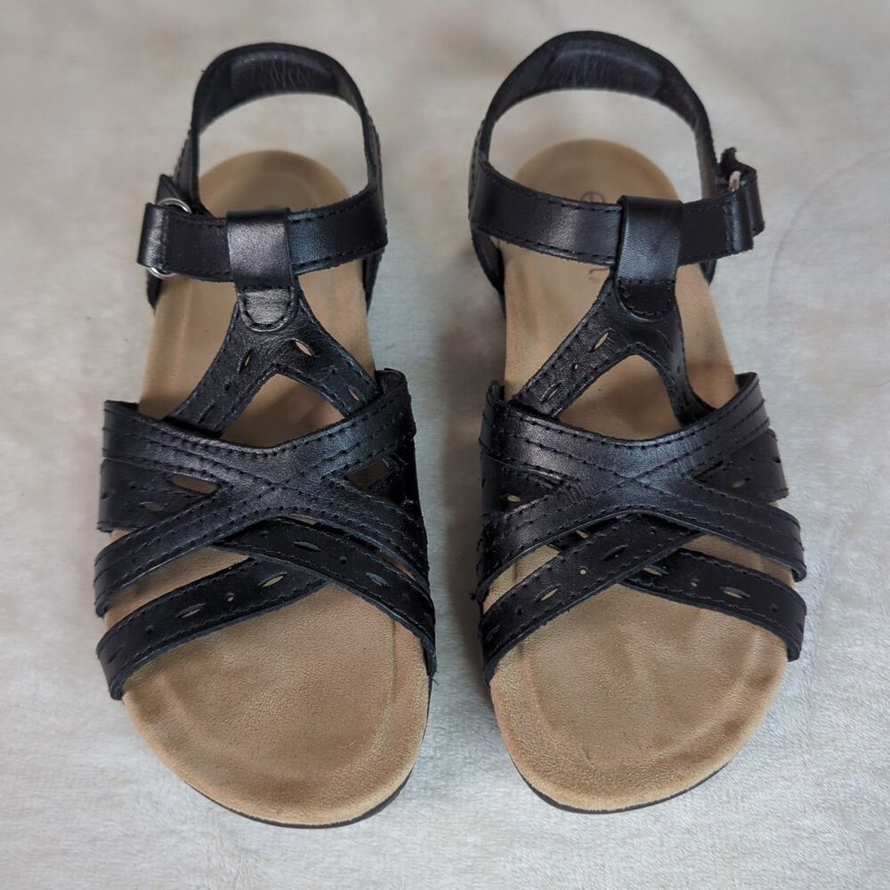 Earth Origins Etsellie Leather Strappy Sandal Womens 7 Black Cushioned Walking - Picture 4 of 10